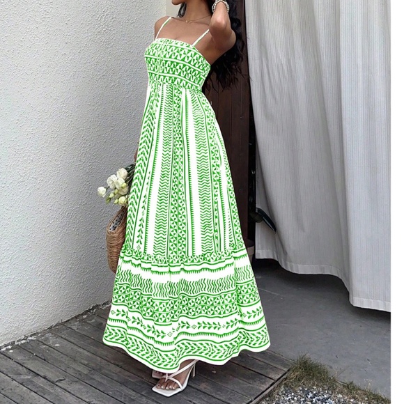 Boho Geo Print Shirred Stretchy Waist Cami Dress - Picture 8 of 13